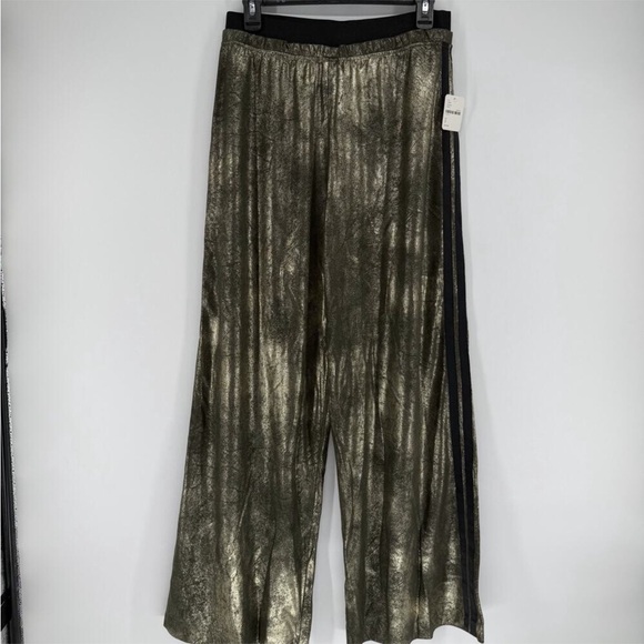 Free People BRUSHED METALLIC BRONZE GOLD SILVER WIDE LEG Track Pants Wide M L - Picture 11 of 16